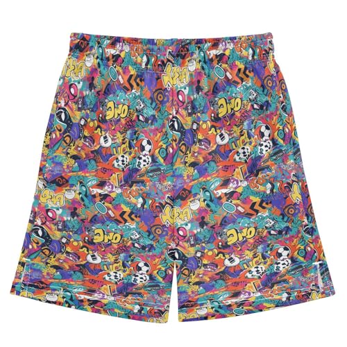 JUNZAN Cartoon Graffiti Athletic Shorts for Boys with Pockets Active Short Pants Youth Boy Basketball Shorts