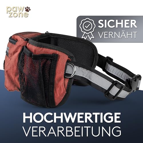 PAWZONE® Futterbeutel Hunde - Leckerlibeutel für Hunde - Bauchtasche für Hunde Zubehör - Leckerlietasche für Hunde - Inkl. Reflektorband & Zusatzgurt für Flexileine (Rostrot)