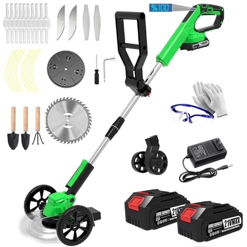 Electric Weed Wacker Cordless Eater Lightweight Edger Battery Powered Grass Trimmer/Lawn Edger/Mower/Brush Cutter, with 5 Types Blades and 2 Types Wheels for Yard and Garden Weeder Tool-Green