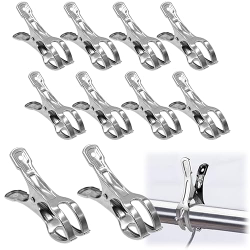 Hsyadazi 10 clips de acero inoxidable para toalla de playa, 11 x 6 cm, pinzas grandes de acero inoxidable para toallas, toallas de baño, ropa de cama y actividades al aire libre, inoxidables y