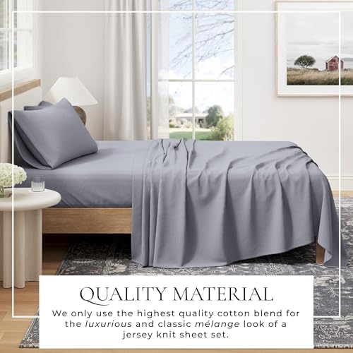 Image of Great Bay Home Cotton Jersey Knit Twin /Twin XL Sheet Set - Ultra-Soft, Stretchy, Heathered Melange Bed Sheets - Cozy, Soft T-Shirt Sheet & Pillowcase Set (Heathered Denim Blue)
