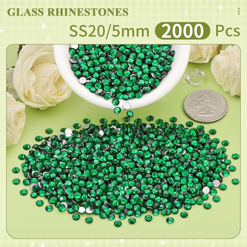 Image of 2000PCS SS20 /5mm Crystal Glass Rhinestones for Bedazzling (Emerald Green) | Flatback Rhinestones for Crafting DIY Nail Art Makeup Decoration, Gems Diomand Charms for Tumbler Shoes Clothing Mug