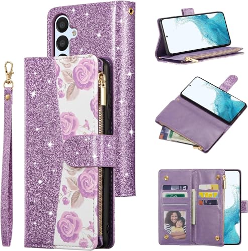 UEEBAI Wallet Case for Samsung Galaxy A35 5G, High-End PU Leather Magnetic Handbag Zipper Pocket Case Kickstand Card Holder Slots Wrist Strap TPU Shockproof Rose Flip Cover for Women - Bling Purple