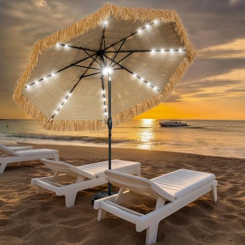 Image of 9 FT Solar Thatch Tiki Umbrella, Hawaiian Style Straw Umbrellas with Zinc Alloy Push Button Tilt, UPF 50+ Patio Umbrella,Outdoor Umbrella with 32 LED Lights for Beach, Pool,Garden