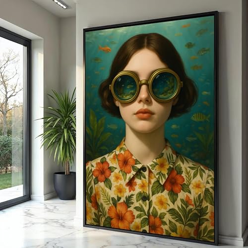 Illustration poisson fantaisiste sur toile portrait surréaliste vintage 80x110
