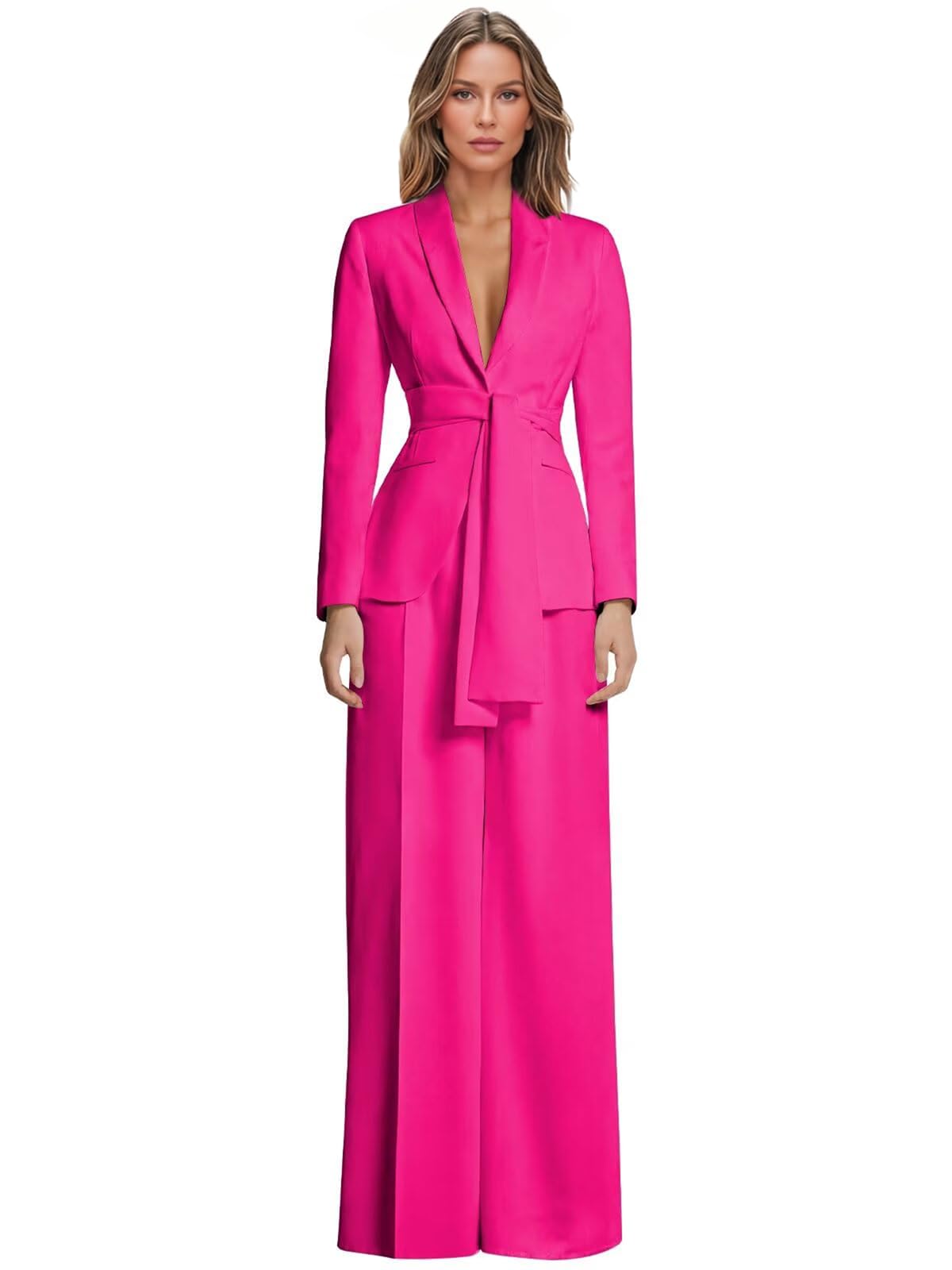 2 Piece Mother of The Bride Pantsuit for Women Chiffon Long Sleeve Formal Wedding Guest Outfits with Pockets