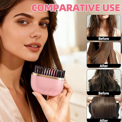 Image of Mini Straightener, 2-in-1 Cordless Hair Straightener Comb,Rechargeable Portable Hair Straightener Brush, 3-Speed Temperature Control, Anti-Scald Shell, Lightweight & Portable Travel (Pink)