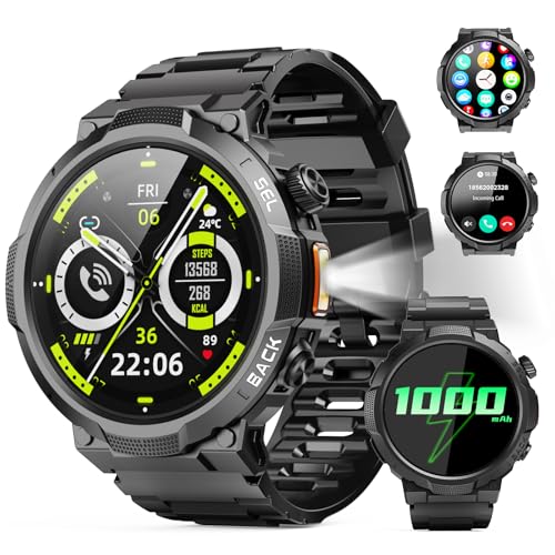 Militaire Montre Connectée Homme avec LED Lampe, 1000mAh/1.5