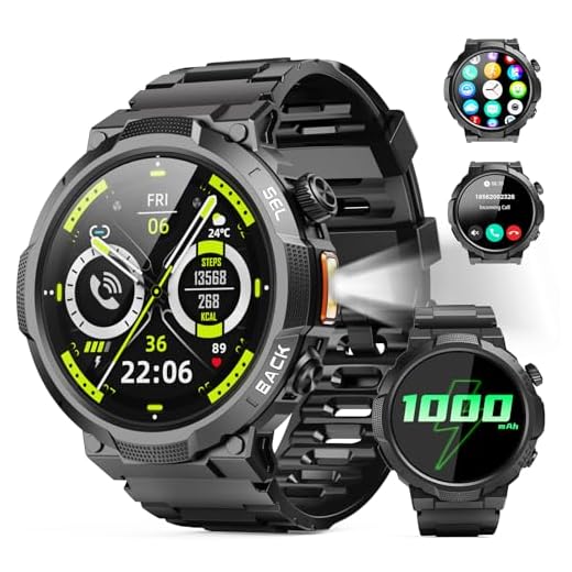 Militaire Montre Connectée Homme avec LED Lampe, 1000mAh/1.53" HD/Appels Bluetooth Bimodes, Smartwatch Homme avec Fréquence Cardiaque/Sommeil, 110+ Modes Sportifs, Etanche IP68 pour Android IOS, Noir