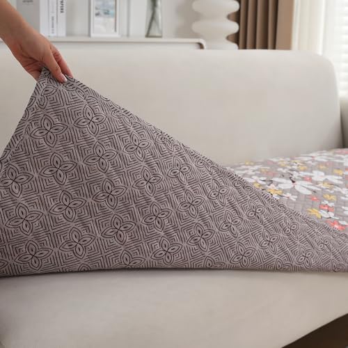 Image of HOKIPO 'HomeHues Series' Printed Quilted Sofa Seat Mat for 2 Seater Sofa with 2 Armrest Covers with Pockets, Pastel Brown Sandwort Flower (IN-807-D1 + IN-814-D1*2)
