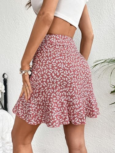 EARKOHA 2025 Skirts for Women Ditsy Floral Print Drawstring Ruffle Hem Skirt Pink L3