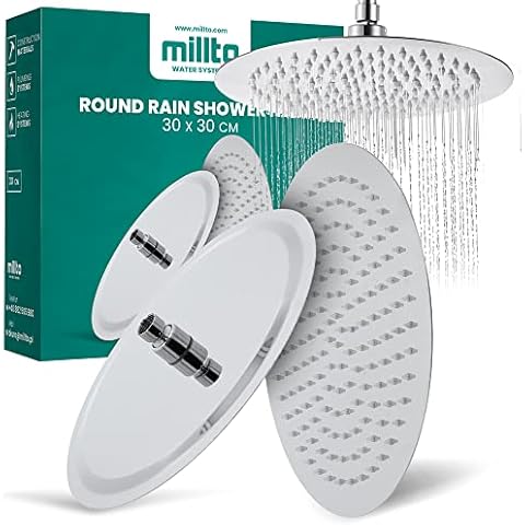 Millto™ Runder Edelstahl Duschkopf Regendusche 30 cm | Einbauduschköpfe Regenduschkopf Gross 12 Zoll Brausekopf Dusche Armaturen Anti-Kalk | Kopfbrause Chrom Ultradünn Wassersparender Duscharmatur Cover