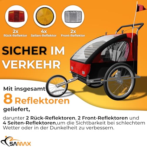 SAMAX Fahrradanhänger Jogger 2in1 Kinderanhänger Kinderfahrradanhänger Transportwagen vollgefederte Hinterachse für 2 Kinder in Rot/Schwarz - Silver Frame