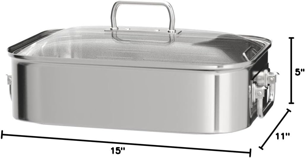 RÖSLE Expertiso Rectangular Roasting Dish with Glass Lid, 18/10 Stainless Steel, Oven-Safe, Induction Safe, Dishwasher Safe, Silver, 38 x 28 cm