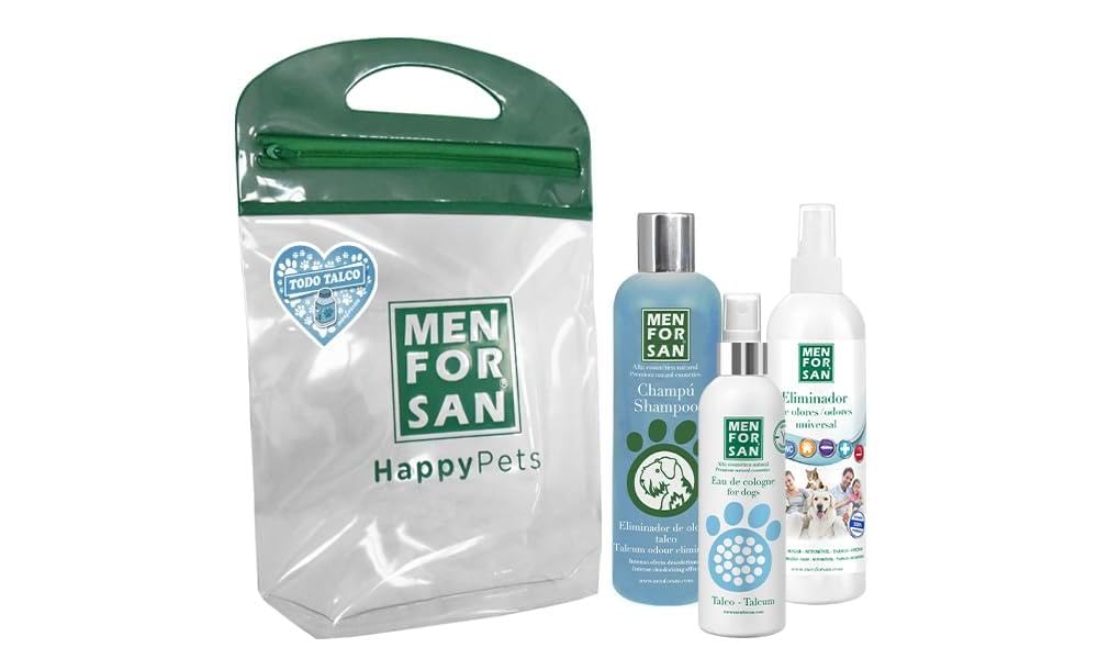 MENFORSAN Pack Higiene y Belleza, Champú Eliminador de olores 300ml, Colonia para Perros 125ml, para el hogar y Entorno de Mascotas 250ml, Rico Aroma a Talco