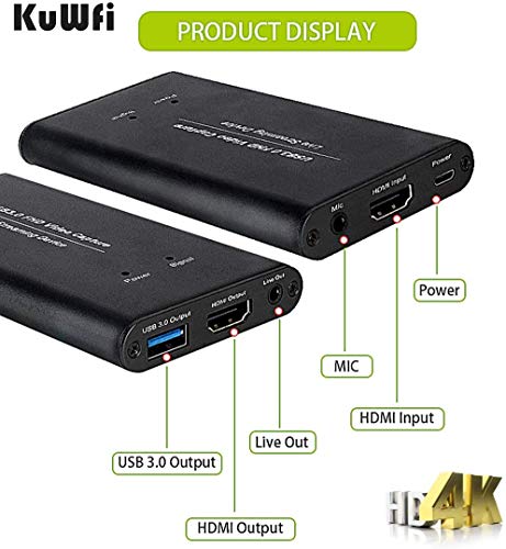 KuWFi Game Video Capture Device Card HDMI to USB3.0 HD Video Converters Game Streaming Live Stream Broadcast HD 1080P with MIC Input&Live Out for PS4/Switch/Xbox/skype