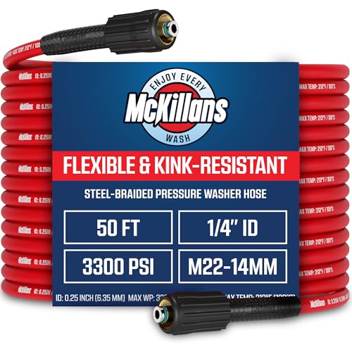 McKillans® Pressure Washer Hose 50 ft - Flexible & Kink-resistant - Steel-Braided & Durable- M22-14mm Stainless Steel Plug - Power Washer Hose - High Pressure 1/4' Inner Diameter - Long 50 ft Reach
