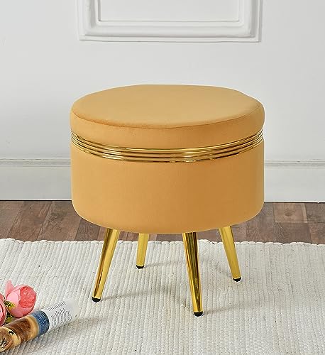 Image of NACIA Ottoman Pouffe Stool for Living Room Sitting, Beige (16x16x17 inch) - Round Footstool /Foot Rest with 4 Wooden & Golden Metal Legs for Dressing Table, Home Decor, Balcony, Bedroom