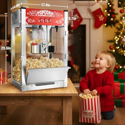 Image of 20 Oz Commercial Popcorn Machine, Movie Theater Popcorn Machine, Red Tabletop Pop corn Machine with 3-Switch Control & Steel Frame Tempered Glass Doors