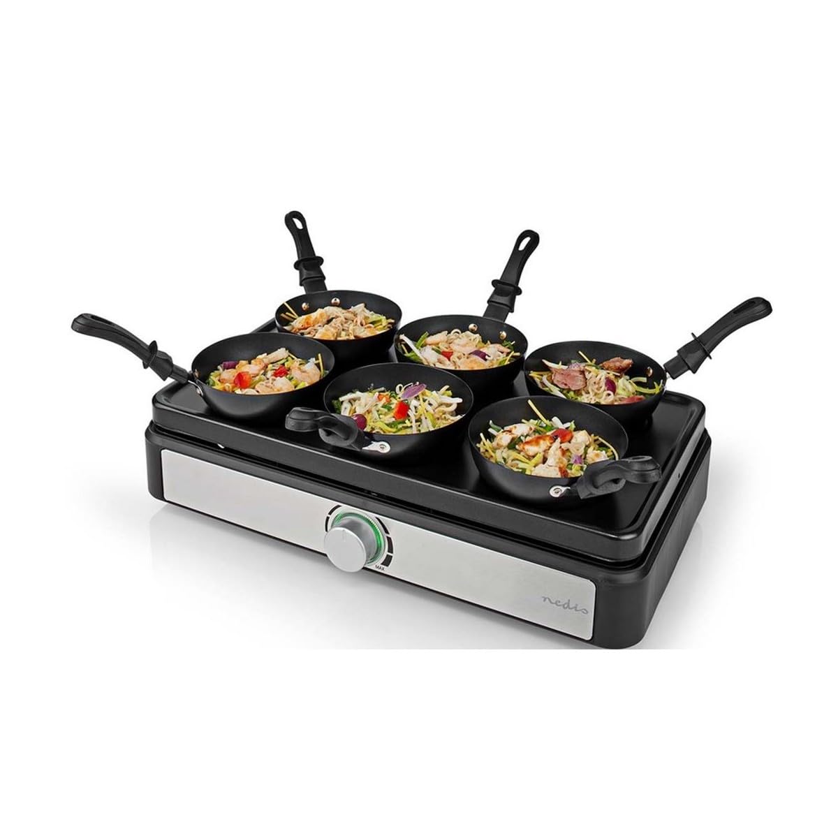 NEDIS FCRA310FBK6 set wok da tavola – per 6 persone – con mini wok e spatole – regolazione della temperatura – rivestimento antiaderente – design rettangolare – nero