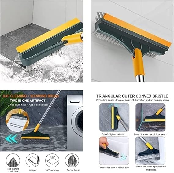 Image of 3-in-1 Bathroom Cleaning Brush, 180 Rotating Head with Wiper, Long Handle Floor Scrubber