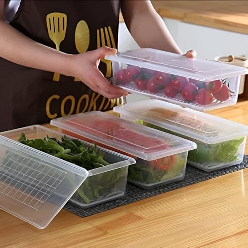Image of Plastic Transparent Fridge Storage Boxes Organizer with Removable Drain Plate Storage Containers Box Keeps Fruits, Vegetables, Meat, Fish Fresh Longer (White, 1500-ML, Medium, Pack of 1)