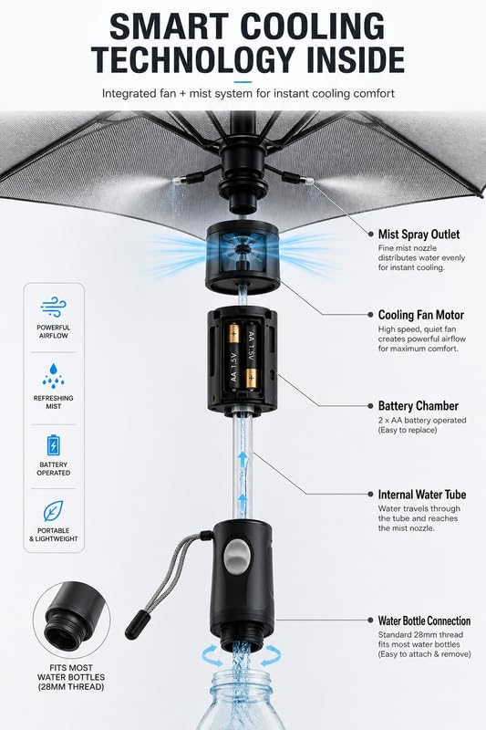 Image of Fan & Mist Umbrella Portable Cooling System | For Summer with Built-in Fan and Spray | UV Protection Umbrella for Outdoor Travel