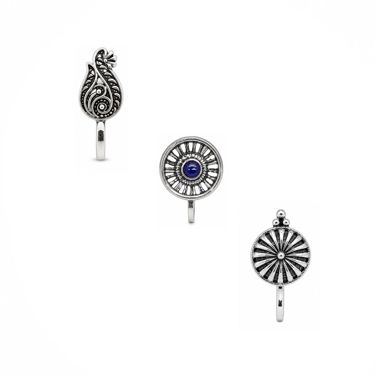 Jewellery Stunning Silver Oxidised finishing Multi design| Without Piercing | Adjustable | Nose Ring | Nathiya | Nose Pin Combo set of 3 | For womens & Girls (pack of 3)-image-41