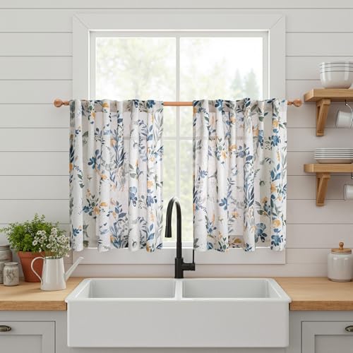 Image of MYSKY HOME Linen Floral Kitchen Curtains 45 inch Length Semi Sheer 2 Panels