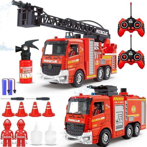 Leopmase Remote Control Fire Truck, RC Fire Truck Toy Set, 2 Firetruck with Fire Extinguisher, 2 Dolls, 4 Traffic Cones, Lights, Sounds, Extendable Rescue Ladder, Firetruck Toy for Boys Kids