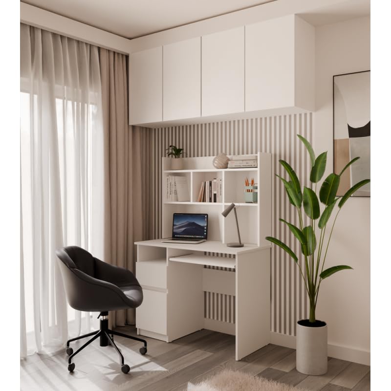 CDF Schreibtisch mit Aufsatz Porto Computertisch Arbeitstisch mit Regal Schublade Schrank Tastaturauszug Home Office Links 98 x 51 x 145 cm - Weiß