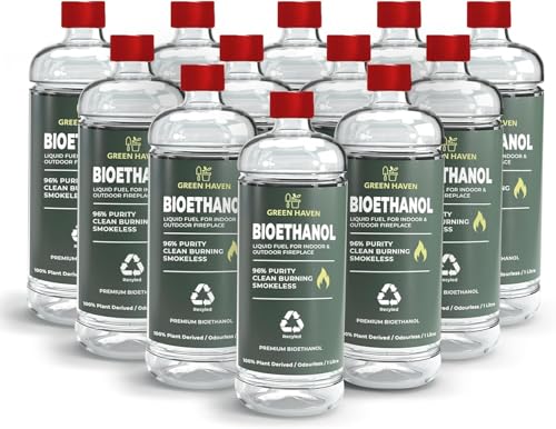 Green Haven Bioethanol Fuel 12L Premium Clean Burning Bio Ethanol Fireplace Fuel Smokeless Odourless Indoor Outdoor Fuel for Fire Pits Burners & Tabletop Fires (96% Purity)