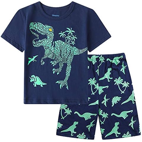 Boys Pyjamas Set Glow in The Dark Dinosaur Pjs Short Sleeve Summer Pajama Kids Christmas Sleepwear Toddler Xmas Gift for Age 3-8 Years Cover