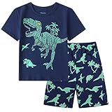 Schlafanzug für Jungen, leuchtet im Dunkeln, Dinosaurier-Pyjama, langärmelig, Baumwolle, für Kinder im Alter von 3–10 Jahren Gr. 3 Jahre, Tiefblau 01