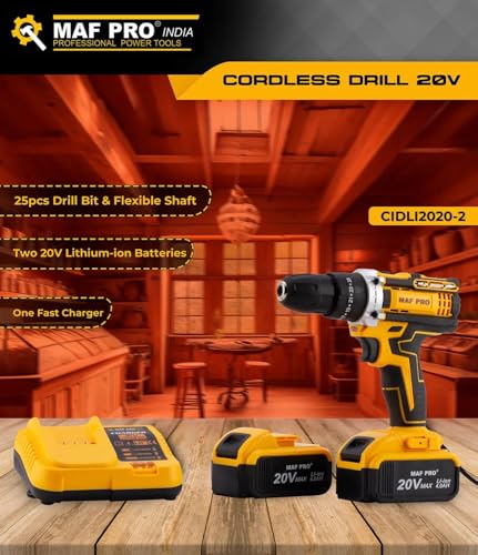 Image of MAF PRO 20V Brushless Copper Motor Cordless Drill Machine | BIS Approved, 2 Battery 5.0Ah Capacity, Heavy Duty, Wall Drilling
