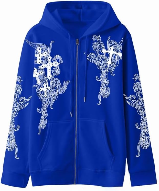 Women Men Y2K Zip Up Oversized Hoodie Gothic cross Graphic Emo Grunge Baggy Fleece Jacket 90s Punk Streetwear - Image 2