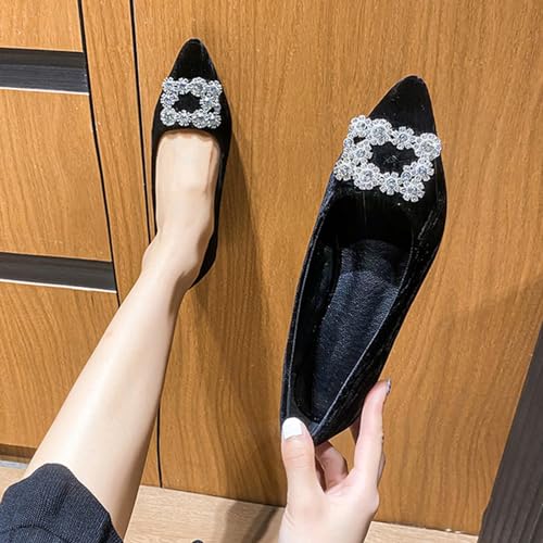 Image of Women's Rhinestones Pointed Top Suede Flats Shoes,Comfort Slip on Flat Loafers Fashion Sparkly Wedding Party Ballerina Dress Shoes