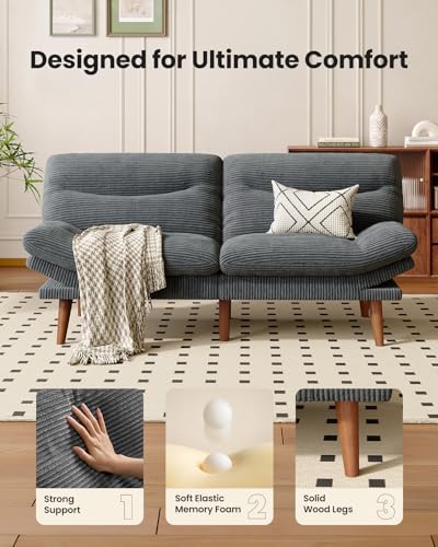Image of Amada 75 inch Convertible Futon Sofa Bed, Corduroy Folding Futon Set with Adjustable Backrest &Armrests, Recliner Lounge for Living Room, Apartment or Office, Solid Wood Frame, Loveseat Sofa -Dark Grey