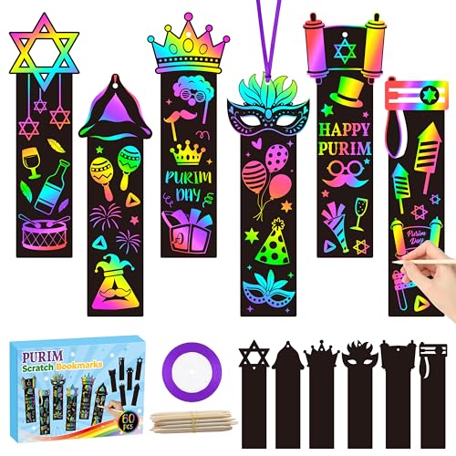 CY2SIDE Purim Day Scratch Bookmarks - 60PCS Jewish Holiday Magic Color Rainbow Paper Cards Craft Kits for Kids Sunday School Classroom Activities Art Project Decorations Religious Easter Party Favor