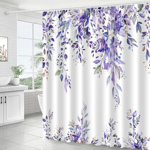 Image of Eucalyptus Shower Curtain, Abstract Aesthetic Art Watercolor Plant Leaves with Floral Bathroom Decor, Waterproof Fabric Cloth Bath Curtain Set with Hooks (Purple, 72x72 Inches)