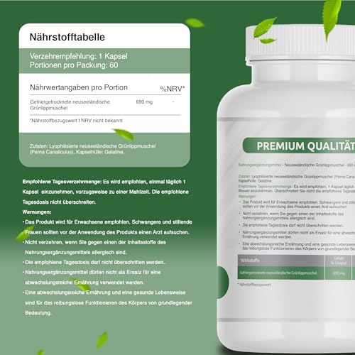 Grünlippmuschel Kapseln 690 mg, 60 Kapseln - Grünlippmuschelextrakt Für Menschen, Natürliche Unterstützung Für Gelenke, Hochdosiertes Grünlippmuschel Ergänzungsmittel
