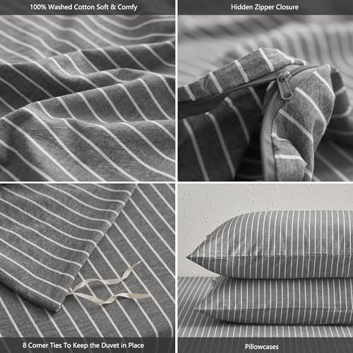 Image of MooMee Striped Duvet Cover Set 100% Washed Cotton Linen Like | Relaxed Linen-like Texture. Soft, Breathable & Long-lasting Comfort. Lightweight. Hidden Zipper with 8 Interior Corner Ties