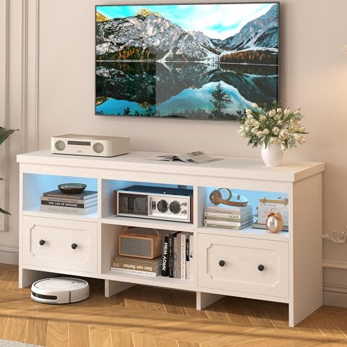 IRONCK TV Stand for 65 Inch TV, 55" LED Entertainment Center with Storage Cabinets, Power Outlets and Open Shelf, Media Console TV Cabinet with Drawers for Living Room, White