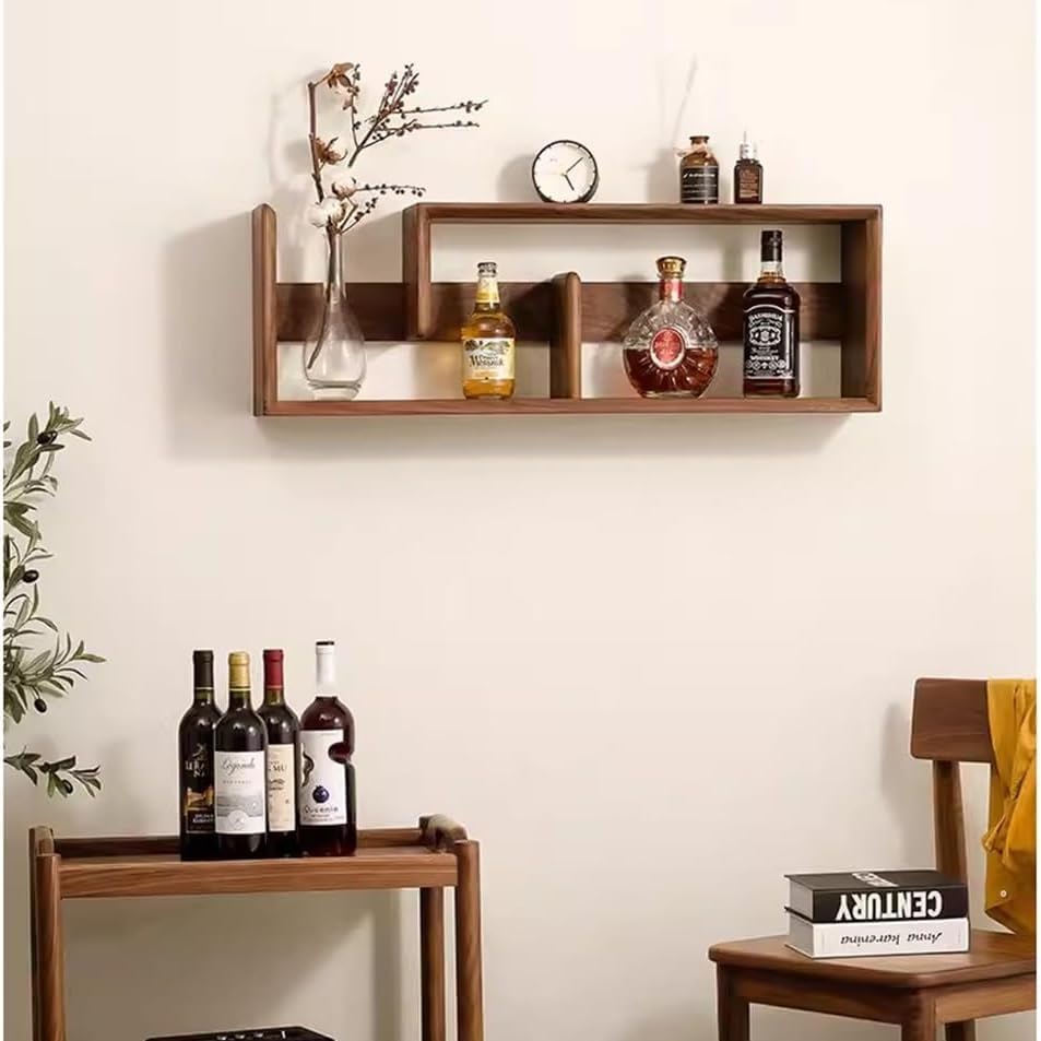 Image of 3 Years Warranty Wooden Wall Shelf for Living Room | Wall Mounted Storage Rack with Multi Section Design | Sheesham Wood Floating Display Shelf for Books Decor | Space Saving Organizer | Honey Brown