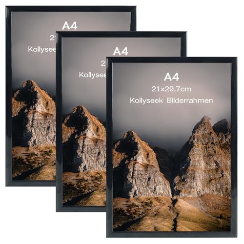 kollyseek Juego de 3 marcos de fotos DIN A4 (21 x 29,7 cm), marco de póster moderno con cristales acrílicos resistentes a los arañazos, para montaje en pared horizontal o vertical (negro)
