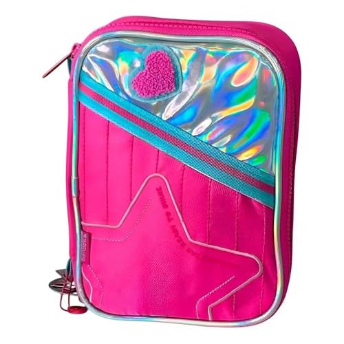 Estojo Escolar Estilo Box Holográfico Rosa Juvenil com Zíper – Organização para Lápis e Canetas