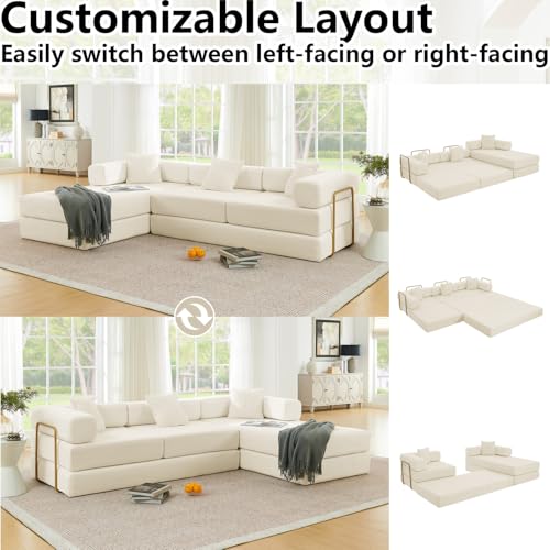 Image of HANXIN 108 inch Modular Sectional Sofa, Futon Convertible Sofa Bed,Oversized Corduroy Boneless Couch for Living Room,Floor Loveseat Sleeper with Pull Out Bed,Free Combination,No Assembly Required (Beige)