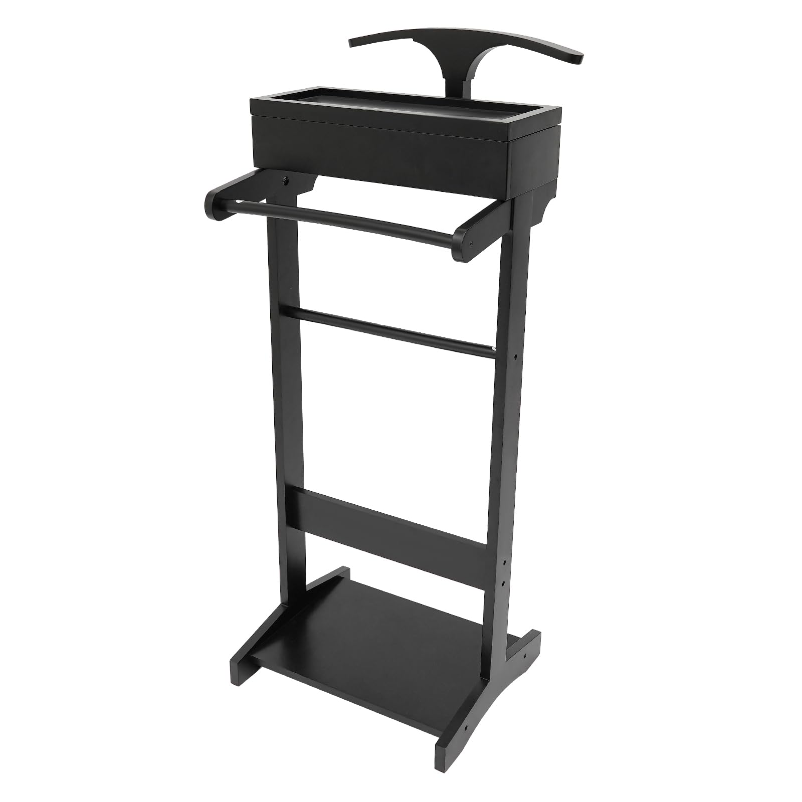 AYLYOTOY Wooden Suit Valet Stand with Hanger, Bottom Shoe Rack and Storage Organizer, Freestanding Mens Suit Stand, Freestanding Clothes Rack for Bedroom, Entryway, Office, Black