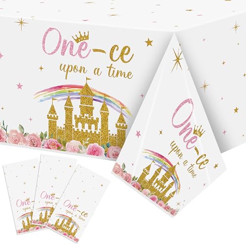 Image of K1tpde Princess 1st Party Tablecloth - 3PCS One-ce Upon A Time Birthday Plastic Tablecloth for Girls, Princess Castle Party Floral Disposable Tablecover for Baby Shower Castle Fairytale Party Supplies