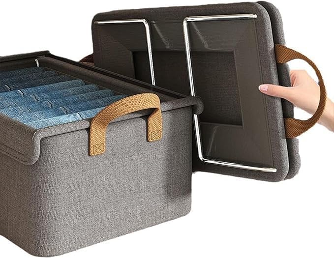 Image of Folding Storage Box with Transparent Lid | Fabric Collapsible Organizer with Steel Frame & Handles | Clothes Storage Bin for Wardrobe, Closet & Home